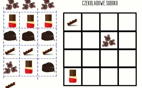 Karty pracy z motywem dnia czekolady: czekoladowe sudoku z różnymi słodkościami do ułożenia.