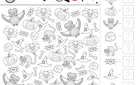 Zadania na Halloween: szukaj nietoperzy, sów, dyni, kotów, pająków, kapeluszy i kości.