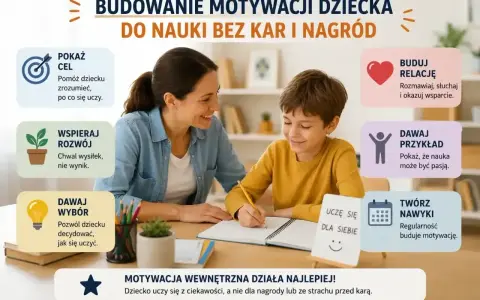 Kobieta i chłopiec uczą się razem. Grafika pokazuje, jak zmotywować dziecko do nauki, skupiając się na budowaniu relacji, dawaniu przykładu i wspieraniu rozwoju.