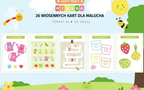 Wiosenne karty pracy dla malucha: dopasuj konewki, znajdź różnice, poprowadź pszczółkę do ula, pokoloruj doniczki i wyklej owoce.