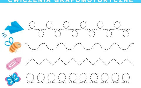 Ćwiczenia grafomotoryczne dla 3 latka: samolot, pszczoła, kredka i motyl prowadzą przez kropkowane linie: pętelki, fale, zygzaki i spirale.