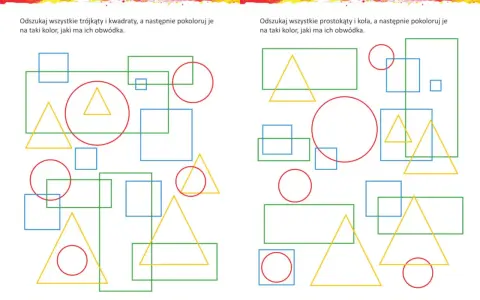 Zadania z geometrii klasa 3 do druku: koloruj figury zgodnie z kolorem ich obwódki.