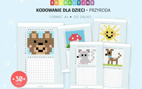 Karty pracy do kodowania dla dzieci: miś, grzyb, słońce, myszka, piesek. Idealne do nauki przez zabawę.