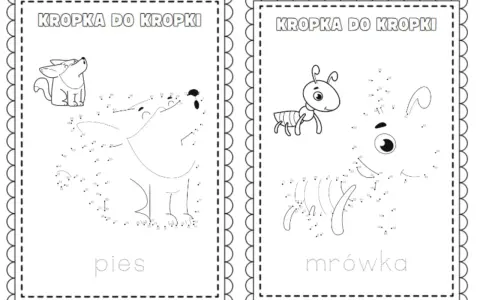 Dwa obrazki do rysowania po kropkach: pies i mrówka. Dzieci łączą punkty, by stworzyć zwierzątka.