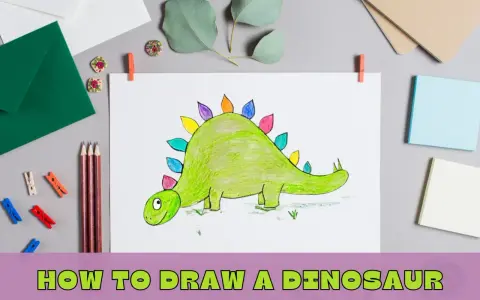 Kolorowy dinozaur na rysunku, obok kredki i kopert. Podpis "Jak narysować dinozaura" sugeruje instrukcję.