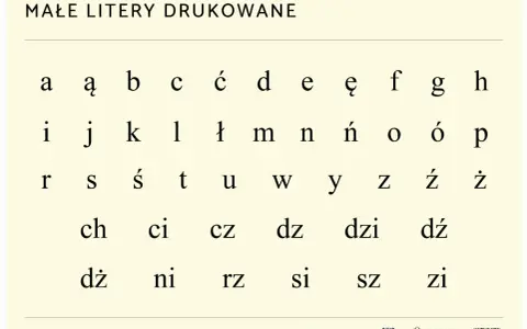 Małe litery drukowane polskie: a, ą, b, c, ć, d, e, ę, f, g, h, i, j, k, l, ł, m, n, ń, o, ó, p, r, s, ś, t, u, w, y, z, ź, ż, ch, ci, cz, dz, dzi, dź, dż, ni, rz, si, sz, zi.