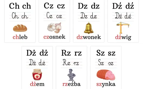 Karty pracy z dwuznakami: chleb, czosnek, dzwonek, dźwig, dżem, rzeźba, szynka.