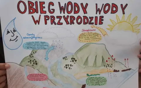 Schemat obieg wody w przyrodzie dla dzieci. Pokazuje parowanie, skraplanie, opady i powrót wody do ziemi.