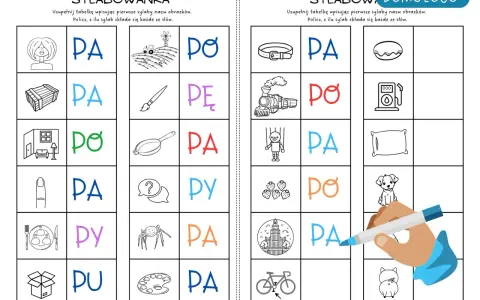 Zabawa z sylabami: "PA", "PO", "PE", "PY", "PU" dla dzieci. Obrazki pomagają w nauce czytania.