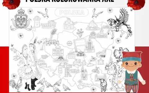 Wielka mapa Polski do pokolorowania, pełna zabytków, postaci i symboli narodowych. Idealna do nauki i zabawy, te kolorowanki XXL do druku przeniosą Cię w podróż po kraju.