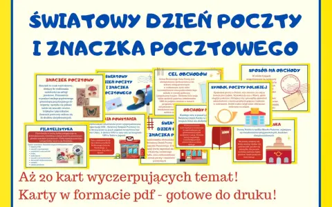 Światowy Dzień Poczty i Znaczka Pocztowego. Obrazek przedstawia elementy związane z pocztą, znaczki, skrzynkę pocztową i pocztę.
