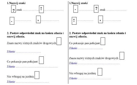 Ćwiczenie dla klasy 3: nazwij znaki i postaw odpowiedni znak na końcu zdania. Przykłady wyrazów bliskoznacznych.