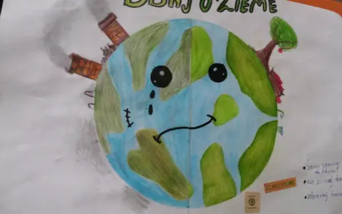 Plakat "Dba o Ziemię" pokazuje smutną planetę z kominami fabryk i radosną z drzewem. Inspiracja, jak zrobić plakat na Dzień Ziemi.
