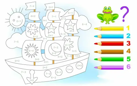 Kolorowanka z żaglowcem i zadaniami matematycznymi. Rozwiąż działania, by dowiedzieć się, jak pokolorować obrazek. Zabawy matematyczne do wydrukowania.
