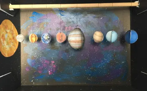 Model Układu Słonecznego, praca plastyczna z planetami wiszącymi na tle kosmicznego malowidła.