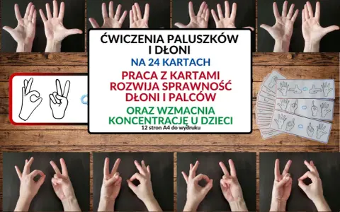 Ćwiczenia paluszków i dłoni na 24 kartach. Praca z kartami rozwija sprawność dłoni i palców, wzmacnia koncentrację u dzieci. Idealne do rozwijania motoryki małej.