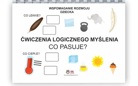 Sekwencje karty pracy: piórko, poduszka, słoń, ciężarek, pióro. Termometr, lód, słońce, kawa, lody.