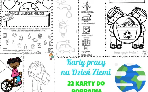 Ilustracja z kartami pracy o ekologii dla przedszkola: dzieci, Ziemia, segregacja śmieci, energia odnawialna.