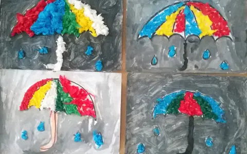 Kolorowe parasolki z bibuły, deszczowe krople i szare tło. Wspaniałe pomysły jesienne prace plastyczne dla dzieci.