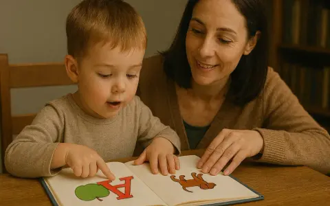 Mama uczy synka liter, wskazując paluszkiem na obrazek jabłka i literę "A". To świetny sposób, jak nauczyć dziecko liter.
