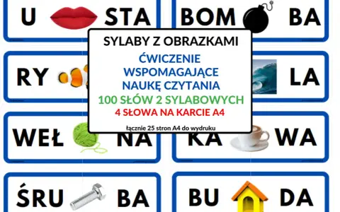 Zestaw kart do druku: sylaby z obrazkami do nauki czytania. Zawiera 100 dwusylabowych słów, 4 na karcie A4.