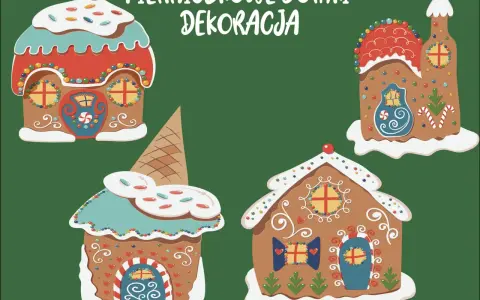 Kolorowe domki z piernika, jak z bajki, ozdobione lukrem i cukierkami. To wspaniała piernikowa praca plastyczna.