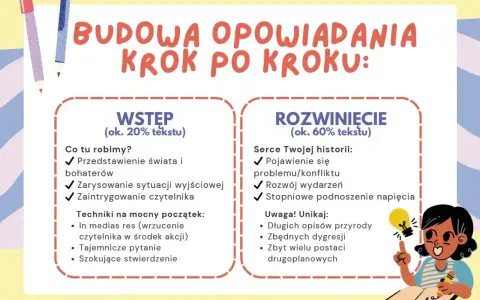 Jak napisać opowiadanie twórcze? Schemat budowy: wstęp (świat, bohaterowie, intryga) i rozwinięcie (konflikt, akcja, napięcie). Unikaj zbędnych opisów.