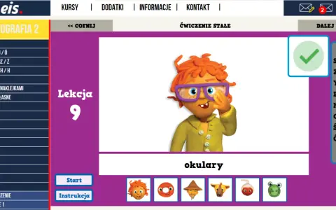 Lekcja 9 z ortografii dla klasy 1. Uczeń ćwiczy pisownię słowa "okulary" z postacią z plasteliny.