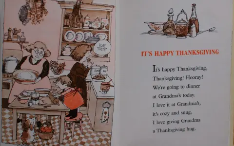 Babcia i wnuczek pieką ciasto. Wiersz "It's happy Thanksgiving" to jedne z najpiękniejszych wierszy religijnych dla dzieci.