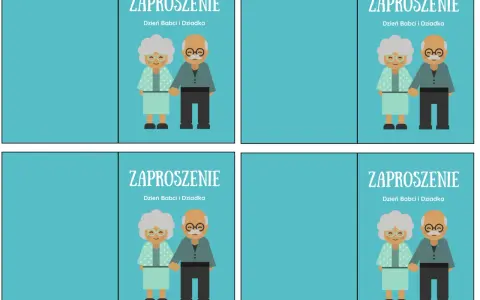 Zaproszenie na Dzień Babci i Dziadka. Uśmiechnięci dziadkowie trzymają się za ręce.