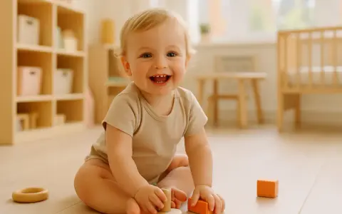 Uśmiechnięte dziecko bawi się klockami podczas zajęć adaptacyjnych w żłobku. W tle widać regały i łóżeczko.