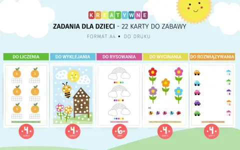 Kreatywne zadania dla 10 latka do druku: liczenie, wyklejanie, rysowanie, wycinanie i rozwiązywanie.