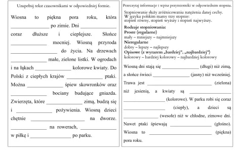 Karty pracy klasa 3 do wydruku: uzupełnij tekst o wiośnie, wpisz przymiotniki w odpowiednim stopniu.