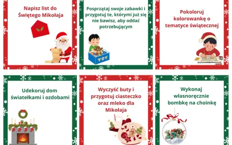 Zadania adwentowe dla dzieci do druku: napisz list do Mikołaja, posprzątaj zabawki, pokoloruj, udekoruj dom, przygotuj ciasteczko i bombkę.