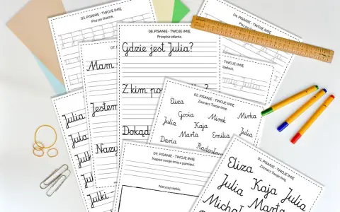 Ćwiczenia grafomotoryczne: pisanie po śladzie, zaznaczanie imion, pisanie zdań. Nauka pisania imion, np. Julia, Eliza, Kaja.