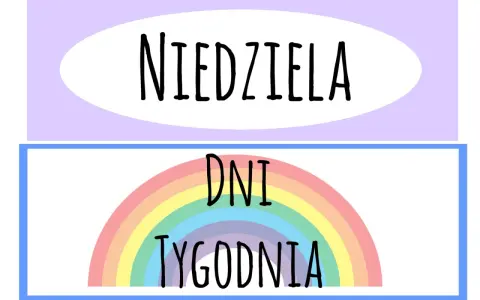 Kolorowa tęcza i napis "DNI TYGODNIA" pomagają w nauce. "Niedziela" jest dniem odpoczynku.