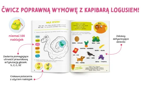 Ćwiczenia logopedyczne dla 3 latka z Logusiem: śledzenie węża Stefana, powtarzanie sylab i wyrazów, przyklejanie naklejek z rodziną węża.