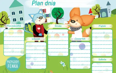 Plan dnia dla dziecka 10 lat z kotkiem i liskiem. Tygodniowy harmonogram z miejscem na wpisanie zadań na każdy dzień.