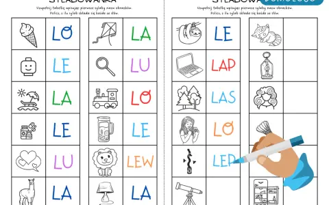 Ćwiczenie na wyrazy na ł dla dzieci. Tabela z obrazkami i sylabami do uzupełnienia, np. lalka, lew, łódka.