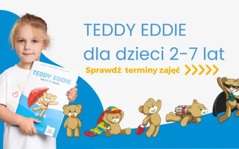 Dziewczynka z książką "Teddy Eddie" i pluszowe misie. Idealne dla angielskiego klasa 2.