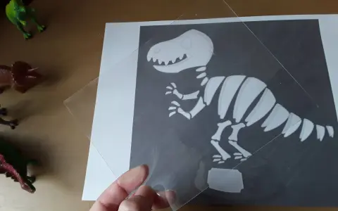 Ręka trzyma przezroczystą folię nad rysunkiem szkieletu dinozaura. To ciekawa szkielet dinozaura praca plastyczna.