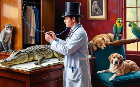 Doktor Dolittle i jego zwierzęta bohaterowie: doktor w cylindrze bada aligatora, podczas gdy małpa, dwa psy i papugi obserwują.