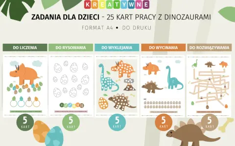 Kreatywne dinozaury karty pracy do druku: liczenie, rysowanie, wyklejanie, wycinanie i rozwiązywanie labiryntów.