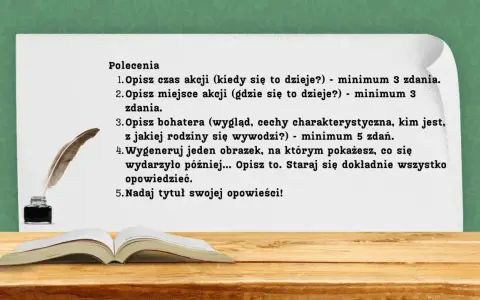Zadania do opowiadania dla klasy 3: opisz czas, miejsce, bohatera, wygeneruj obrazek i nadaj tytuł. Pióro i kałamarz zachęcają do pisania.