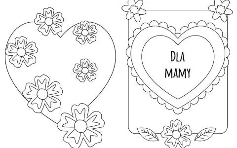 Dwa projekty kartki dla mamy do druku: serce z kwiatami i ramka z sercem z napisem "Dla Mamy" i kwiatami.