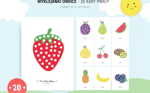 Zestaw kart pracy "Wyklejanki owoce" z kolorowymi ilustracjami: truskawka, śliwka, gruszka, arbuz, pomelo, wiśnie, kiwi, ananas, banan, borówki. Idealne do wyklejania plasteliną.
