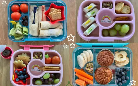 Kolorowe pudełka śniadaniowe z owocami, warzywami, muffinkami i kanapkami – idealne drugie śniadanie dla dziecka.