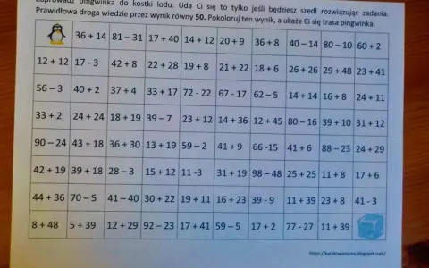 Zadania z dodawaniem i odejmowaniem w zakresie 50 do wydruku. Pomóż pingwinkowi znaleźć drogę do kostki lodu, rozwiązując przykłady.