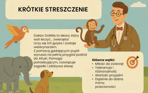 Doktor Dolittle, lekarz zwierząt, uczy się ich języka i wyrusza na przygody do Afryki z gadającymi pupilami. Streszczenie jego historii.