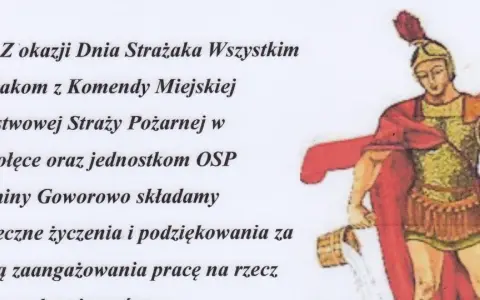 Ilustracja z okazji Dnia Strażaka, z życzeniami i podziękowaniami. Może posłużyć jako inspiracja do krótkich wierszyków o strażakach.